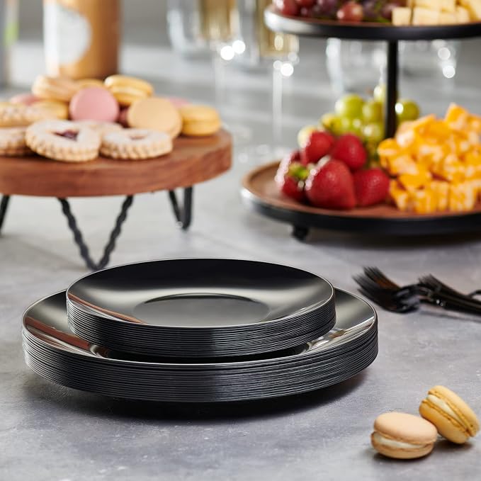 PLASTICPRO 32 Piece Combo Plate Set includes 16-7'' inch Plates & 16-10'' inch Plate Black Plates with Silver Rim Plastic PartyPlate Premium heavyweight Elegant, Disposable, Tableware, Dishes,