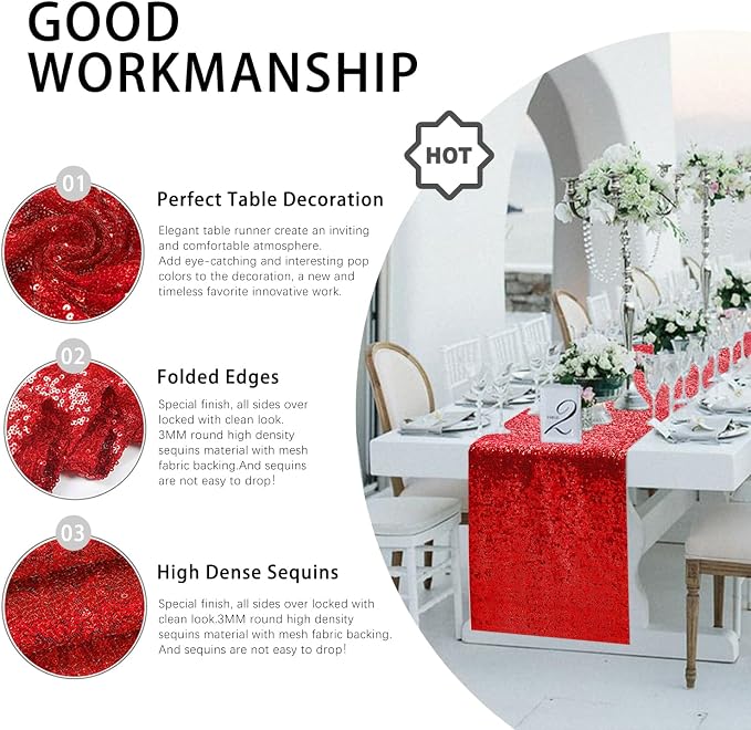 10 Packs 12 x 72 inches Red Sequin Table Runner, Glitter Runner for Birthday Party Supplies Wedding Holiday Celebration Baby Shower Engagement Anniversary Decor