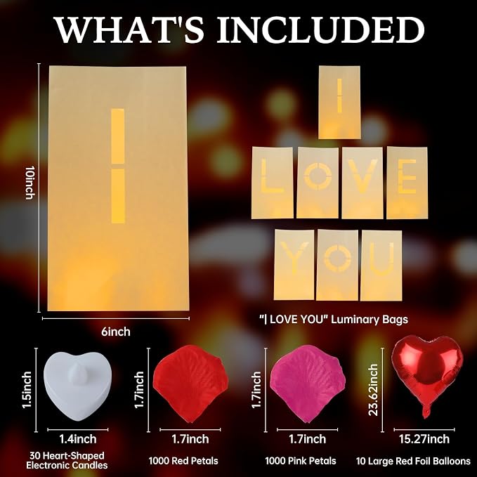 I Love You Decorations – Surprise Set with Light Up Letters, 30 Tea Light Candles, 2000 Rose Petals, 10 Balloons – Luminary Bags for Couples & Romantic Moments