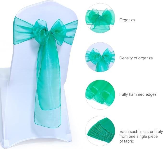 MDS® Pack of 25 Organza Chair Sashes for Wedding Decoration, Reusable Sheer Chair Bows for Banquet Chair Cover, Reception, Bridal Shower, Baby Shower, Birthday Party & Special Events - Green