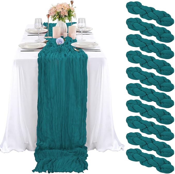 10 Pcs Teal Cheesecloth Table Runner 10FT, Gauze Cheese Cloth for Wedding Reception Rustic Sheer Bridal Shower Birthday Party Boho Table Decoration, Romantic Wedding Runner