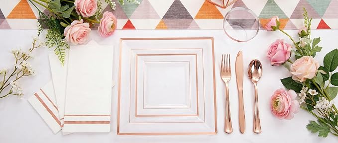 Festiva 350Pcs Rose Gold Plastic Plates - Clear Rose Gold Disposable Dinnerware Sets for 50Guests include 100 Plates 50 Cups 50Plastic Cutlery 50Napkins for Party&Wedding& Bridal Shower