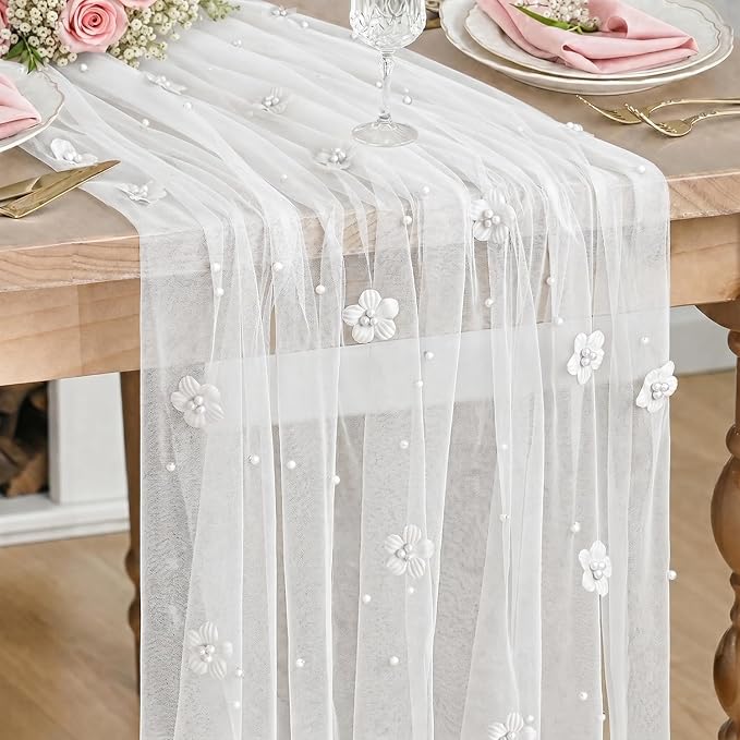 Artoid Mode Flower Pearl White Gauze Table Runner 10FT, Seasonal Sheer Dining Holiday Wedding Birthday Baby Shower Table Decor for Home Party