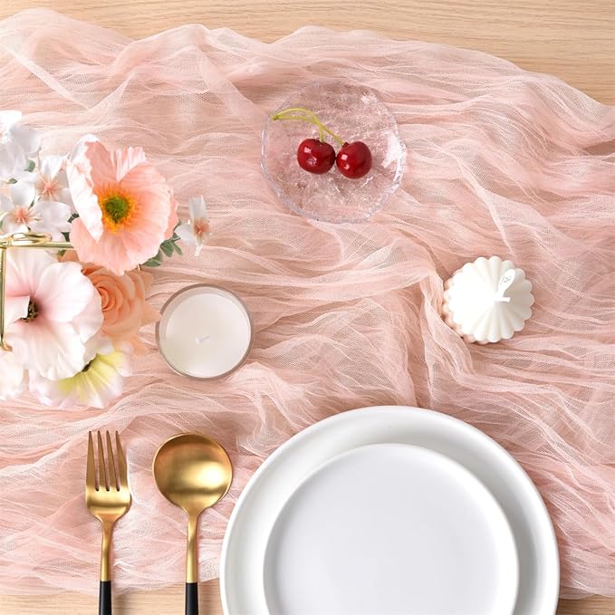 Joanlody Peach Cheesecloth Table Runner Spring Summer 10Ft Rustic Gauze Boho Cheese Cloth Table Runner for Wedding Bridal Baby Shower Decoration