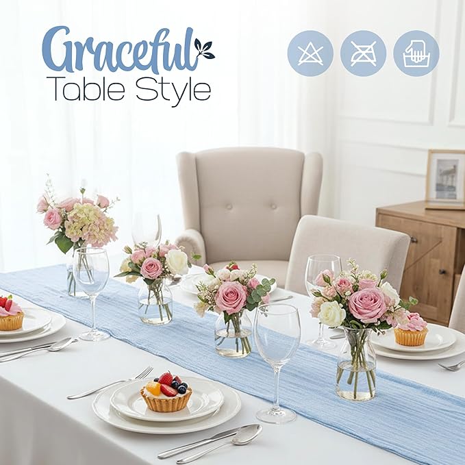 12 Pack Dusty Blue Cheesecloth Table Runners 10FT Long – 35 x 120 Inch Boho Gauze Table Runners for Engagement, Wedding, Baby Shower & Home Decor – Soft Wrinkled Polyester Fabric