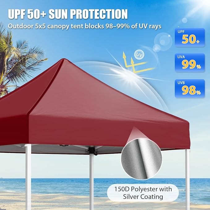 EAGLE PEAK 5x5 Pop Up Canopy Tent Instant Outdoor Canopy Easy Set-up Straight Leg Folding Shelter, Burgundy