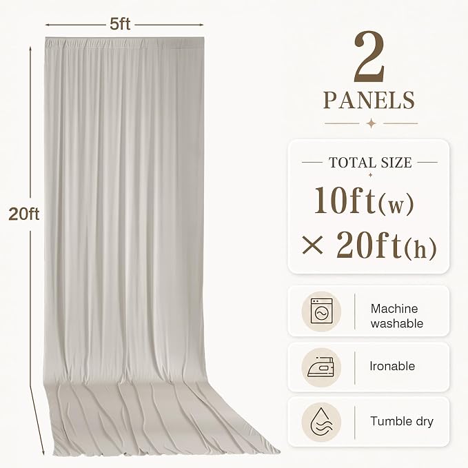 2 Panels 5x20ft Beige Ceiling Drapes for Wedding Parties, Wrinkle Free Off White Thick Polyester 20ft Extra Long Wedding Draping Arch Drapery for Birthday Party Canopy Tent Decor