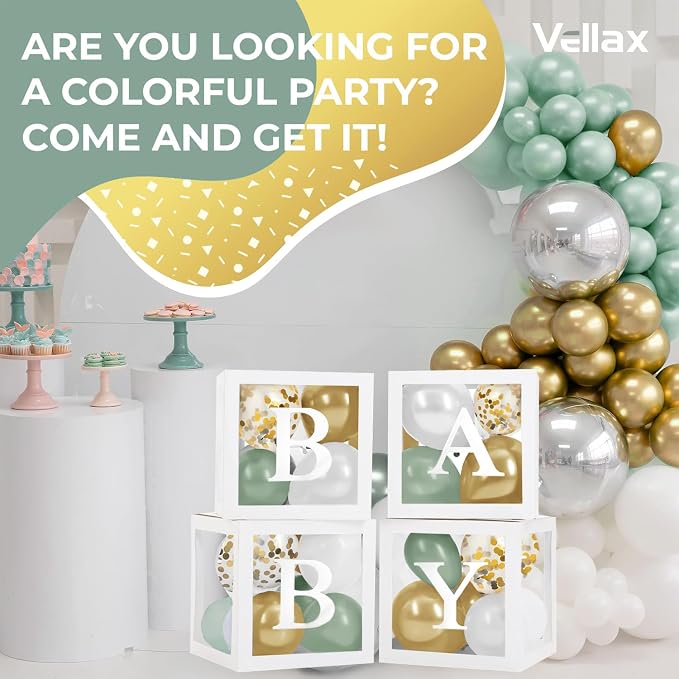 44-Piece Baby Shower Decorations for Boy or Girl - 4 Boxes with Letters and 32 Balloons - Sage Green and Metallic Gold (Boho Style) - Gender Reveal Party Supplies - Photo Shoot Backdrop