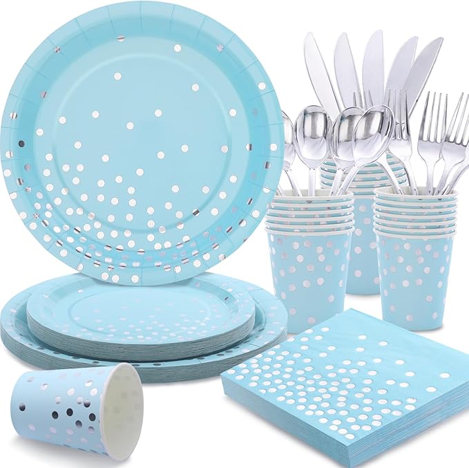 175 Pcs Light Blue Plates and Napkins Party Supplies - Baby Blue Paper Plates Serve 25 Guests - Light Blue and Silver Disposable Plates Sets for Birthday Wedding Baby Shower Holiday Party Decorations