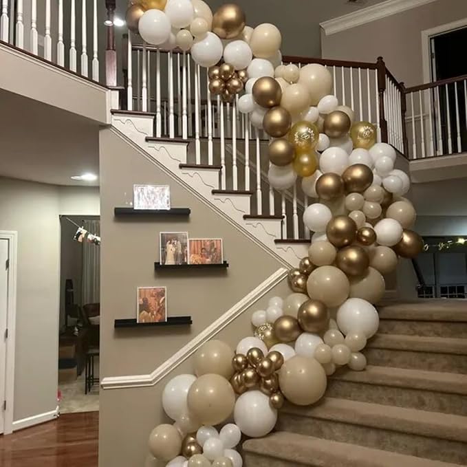 White Sand Gold Balloons Arch Double Stuffed, Cream Nude Beige Metallic Gold Balloons Garland, White Neutral Latex Balloon for Boho Baby Shower Birthday Anniversary Graduation Communion Party Decor