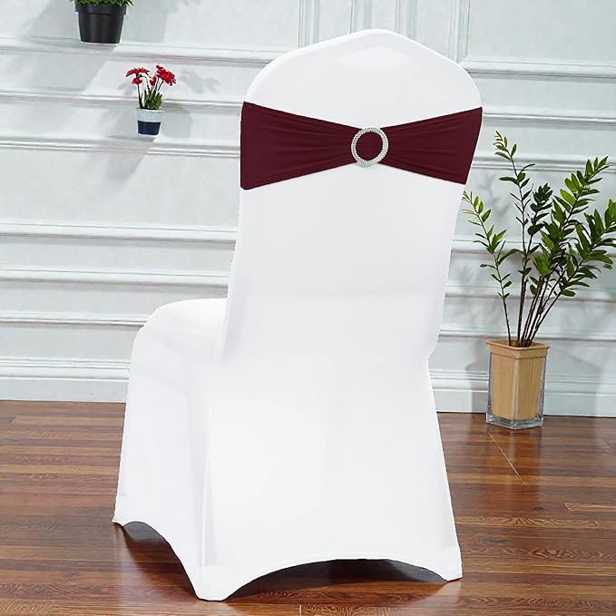 MDS Pack of 100 Spandex Chair Sashes Bow Premium Stretch Chair Cover Band with Buckle Slider Universal fits Elastic Dining Chair Ties for Wedding Party Banquet Events Decoration - Burgundy