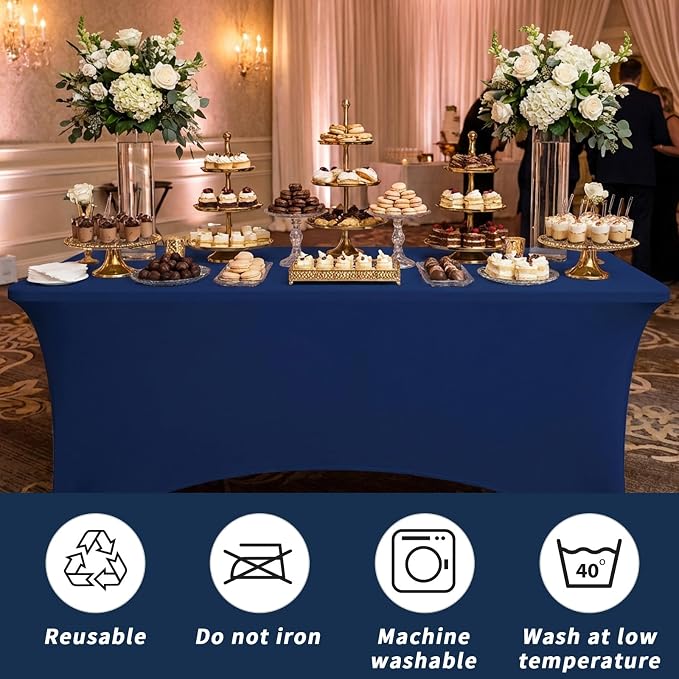 Fixwal 3 Pack Navy Blue Tablecloth Rectangle 6Ft, Stretch Spandex Fitted Table Cover for Party, Trade Show, Wedding, Buffet, Graduation, Vendor Stand