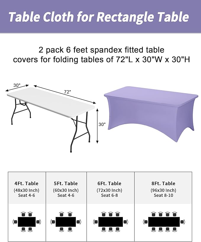Fixwal Lavender Stretch Table Cloth Rectangle 2 Pack 6Ft, Spandex Fitted Table Covers Washable for Party, Trade Show, Banquet, Wedding, Buffet