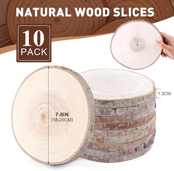 10 Pcs Natural Wood Slices.7-8 Inch Wood Rounds for Weddings Centerpieces Decor. Wood Circles & Slabs for DIY Painting Crafts.Wood Centerpieces for Tables and Baby Shower Centerpieces.