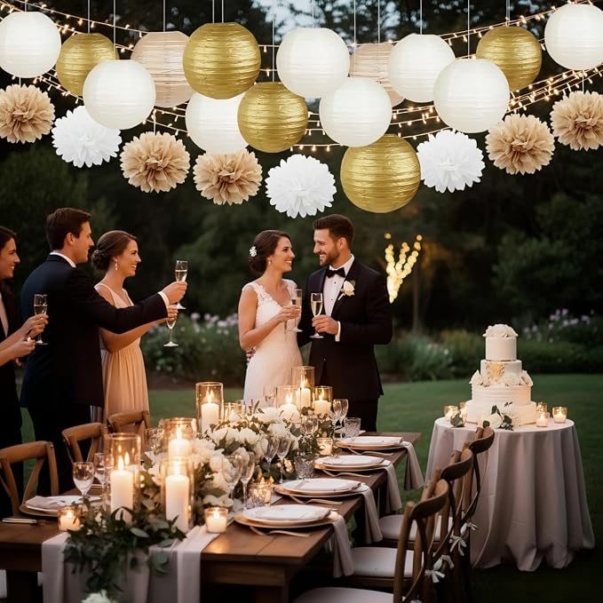 Gold White Paper Lanterns (12 Pack) - Hanging Paper Lanterns for Baby Shower Wedding Engagement Birthday Party Decorations(Gold,Khaki,Cream)