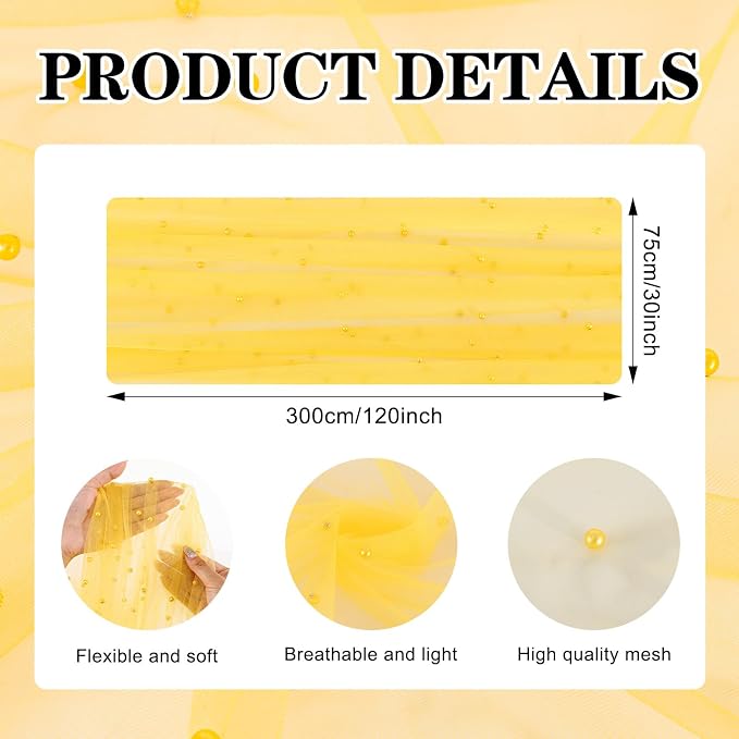 BINBE Pearl Table Runner Spring Summer Rustic Boho 10ft Tulle Table Runner for Baby Shower Wedding Veil Holiday Dessert Table Decor Yellow
