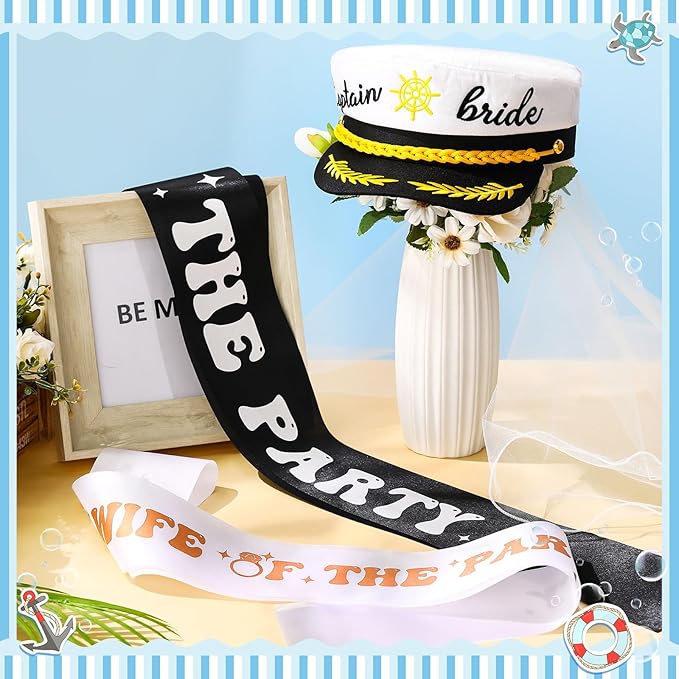 JaGely 4 Pcs Groom Bride Captain Hat with Veil Bachelor Sash Bachelorette Accessories for Wedding Bridal Shower Honeymoon