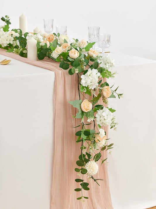 MISSPIN 5.9Ft Eucalyptus Garland with Flowers, Artificial Fake Flower Greenery Spring Garland for Baby Shower Wedding Mantle Table Centerpiece Spring Decor