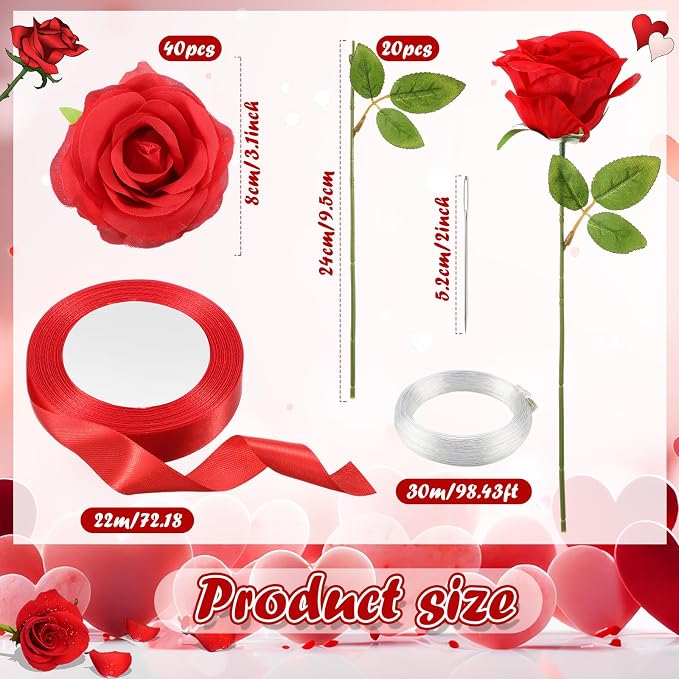 Suncalla 40 Pcs Artificial Rose Flower Hanging Decorations Set DIY Hanging Fake Roses Garlands with Hooks Wedding Party Decorations for Anniversary Background Themed Party(Red)