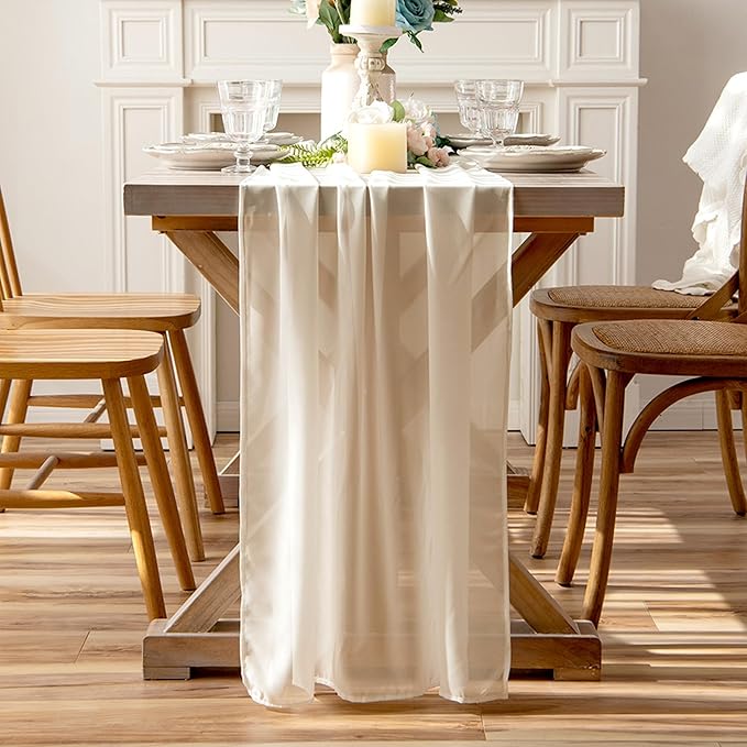 Ivory Sheer Chiffon Table Runner 35x120 Inches for Wedding Party Thanksgiving Christmas Dining Table Decor