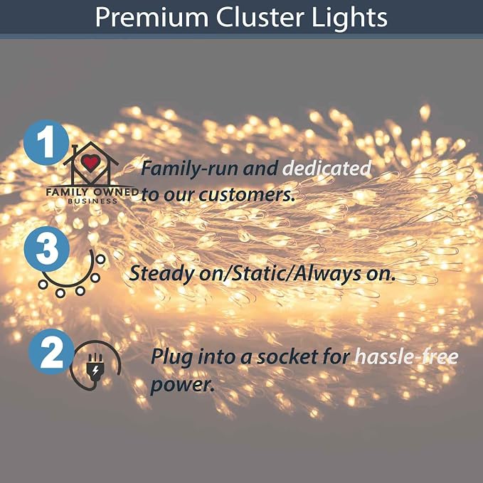 QBIS 400 LED Cluster Lights on Silver Wire. Warm White Fairy Lights Plug in, 16.5ft Christmas Lights for Christmas Tree and Fireplace Mantel. Indoor Outdoor Firecracker Light String.