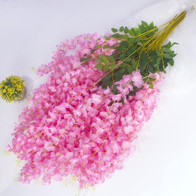 AITISOR 12 Pack Artificial Flowers Silk Wisteria Vine Ratta Hanging Flower (Pink)