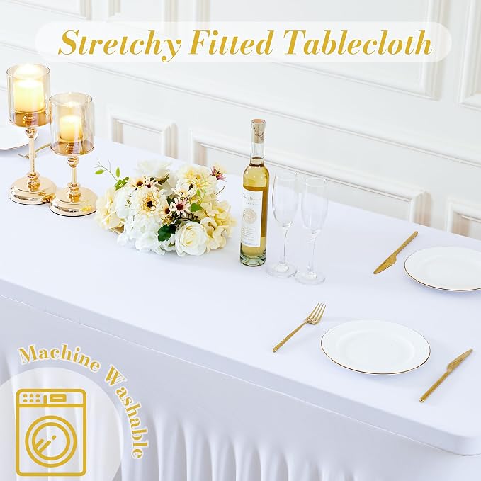 gogoparti 4 Pack Spandex White Fitted Table Cloth for 8ft Rectangle Tables White Stretch Tablecloth Table Covers Skirt Banquet Wrinkle Free Tablecloths for Parties Wedding