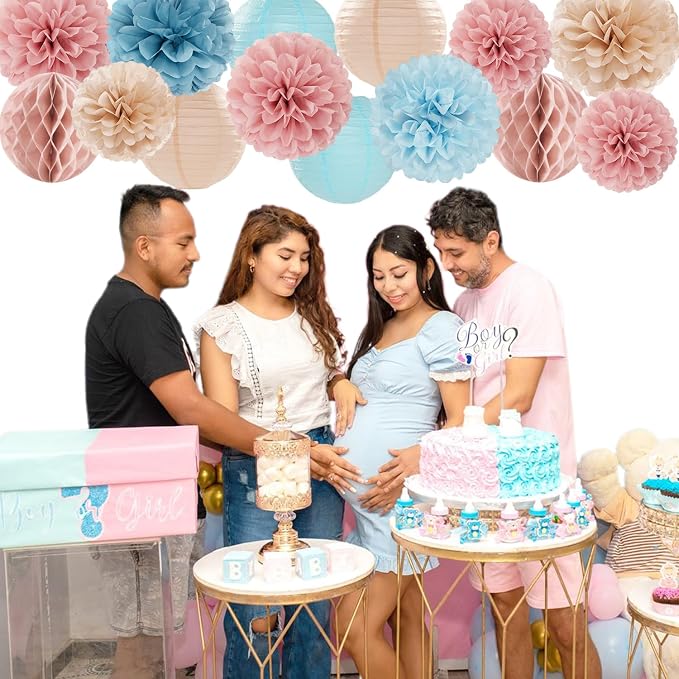 Dusty-Blue Pink Party-Decorations Paper Lanterns - 15pc Gender Reveal Tissue Pom Poms Streamers,Birthday Bachelorette Bridal Baby Shower Engagement Wedding Decor Panduola
