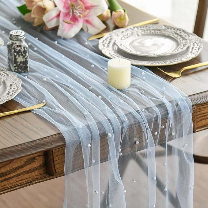 Artoid Mode 10PCS Pearl Blue Gauze Table Runner 120 Inch 10FT, Seasonal Sheer Dining Holiday Wedding Birthday Baby Shower Table Decor for Home Party