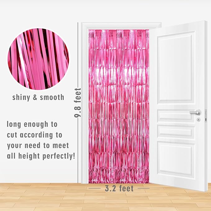 GOER 3.2 ft x 9.85 ft Metallic Tinsel Foil Fringe Curtains Party Photo Backdrop Party Streamers for Galentines Day, Birthday, Graduation, New Year Eve Decorations Wedding Decor (1 Pack, Hot Pink)