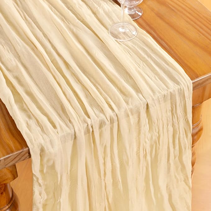 DeZerlor Beige Cheesecloth Table Runner 12 Pack Spring Easter Table Runners 120 Inches Boho Gauze Cream Cheese Cloth Table Decor for Wedding Bridal Baby Shower Parties