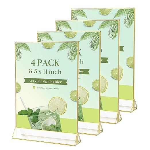 UNIQOOO Acrylic Sign Holders with Golden Border, Portrait View, Pack of 4 | 8.5x11 Inches Double Sided Clear Frame, Perfect for Wedding Reception, Centerpiece, Decoration, Party,Anniversary, Event