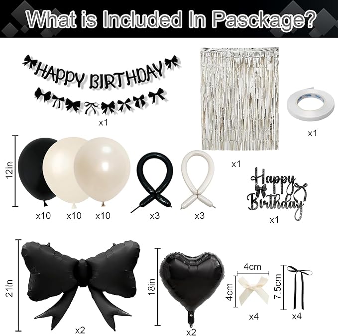 Black Bow Birthday Party Decorations, Coquette Bow Black Sand White Beige Balloons with Bows Decor Happy Birthday Banner Fringe Curtain for Women Girls Bows Theme Bachelorette Baby Shower Party