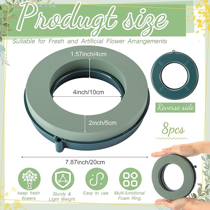 Joyfolk 8 Pcs 8 Inch Floral Foam Rings Round Green Flower Wet Foam Ring Flower Arrangement Kit for Florist Wedding Decoration for Birthdays, Home, Parties