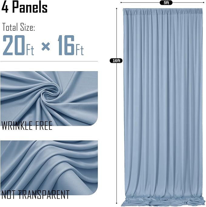 20x16ft Dusty Blue Backdrop Curtains for Wedding Party, 4 Panels 16 ft Long Back Drop Cloth, Wrinkle-Free Polyester Drapes for Birthday, Baby Shower, Stage Photography Background