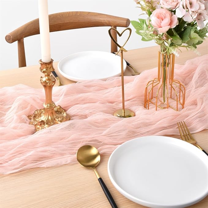 Joanlody Peach Cheesecloth Table Runner Spring Summer 10Ft Rustic Gauze Boho Cheese Cloth Table Runner for Wedding Bridal Baby Shower Decoration