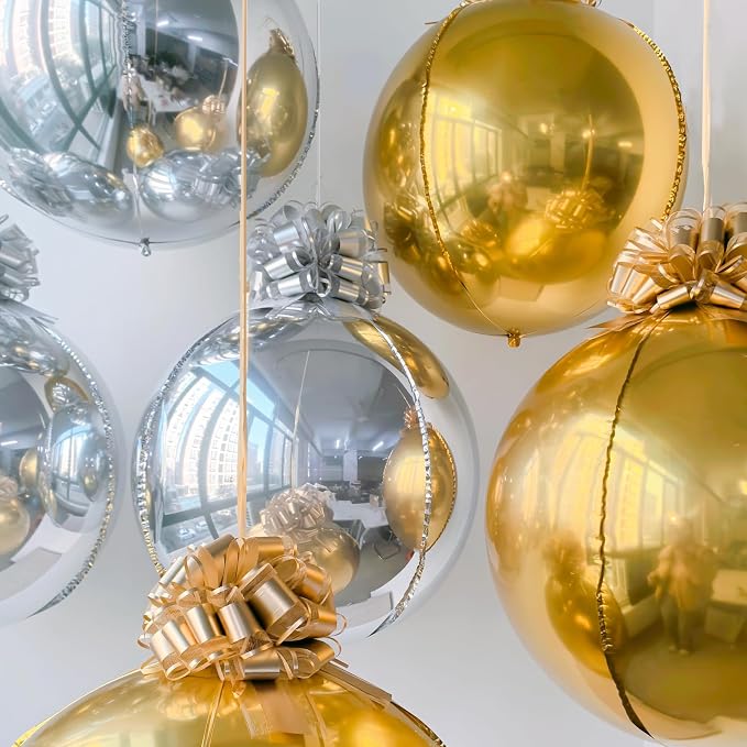 6 Pack 4D Gold and Silver Orb Balloons - 22 Inch Large Metallic Sphere Mylar Balloons with Pull Bows, Hanging Ceiling Ornaments for New Year, Birthday, Wedding, Anniversary Party Decorations