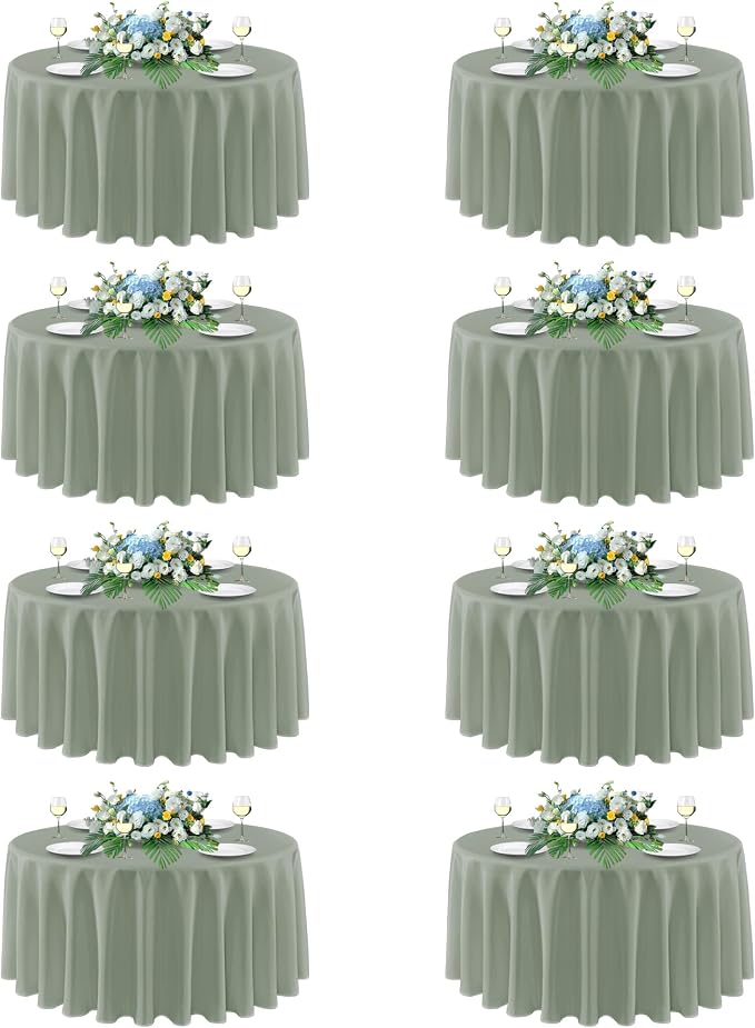 sancua Round Tablecloth 90 Inch Diameter, 8 Pack - Circle Polyester Fabric Table Cloth for Wedding Party Reception Banquet Birthday, Washable Formal Table Cover (Fit 30-72 Inch Tables), Sage Green