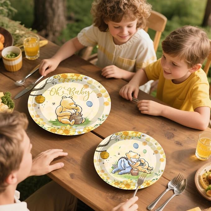 Xynic 201pcs Bear Baby Shower Decorations, Complete Disposable Tableware Set Includes 300gsm Plates Cupcake Toppers and 2 Plastic Tablecloths for Baby Shower and Party, Serves 25