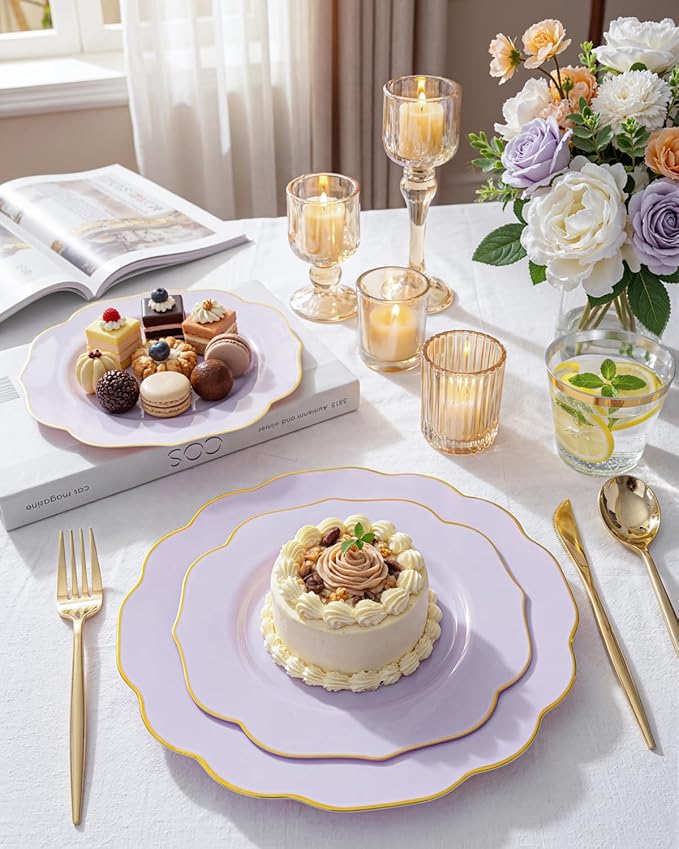 bUCLA 180PCS Purple Plastic Plates - Disposable Purple with Gold Rim, Include 30 Each (Dinner & Salad) Plates, 30 Knives, 30 Forks, 30 Spoons, 30Cups for Party, Shower & Birthday