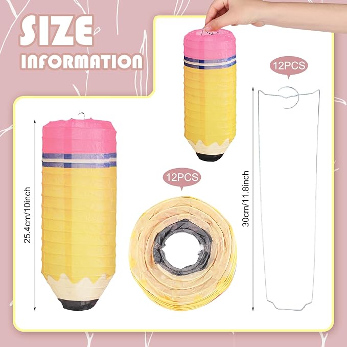 Retisee 12 Pcs Back to School Classroom Decoration Pencil Hanging Paper Lanterns Kindergarten Preschool Art Classroom Ceiling Decor, First Day of School Birthday Supplies