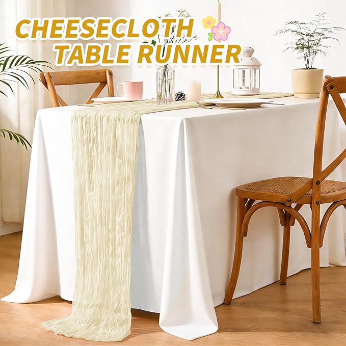 Pesonlook 6 Pack Cheesecloth Table Runner,Ivory Table Runner Long Romantic Semi Sheer Rustic Boho Gauze Table Runners for Wedding Bridal Shower Birthday Party Decorations(17.7×108 Inch)