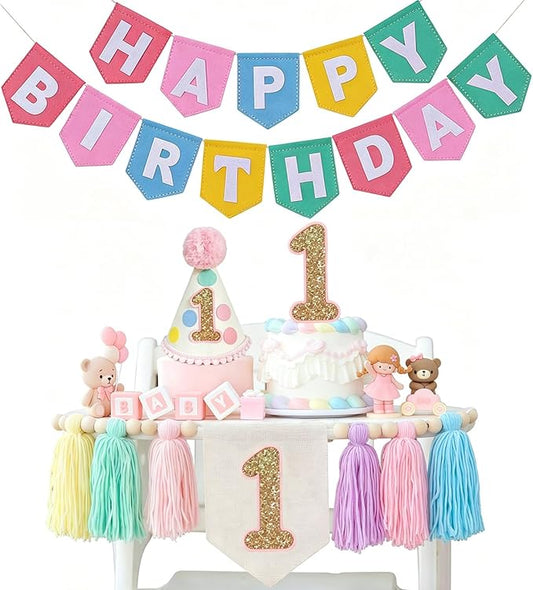 Macaron 1st Birthday Decorations For Girls-Pastel Macaron Rainbow High Chair Banner Felt Happy Birthday Banner，Pre-Strung Birthday Party Decorations For 1st Girl Birthday Backdrop