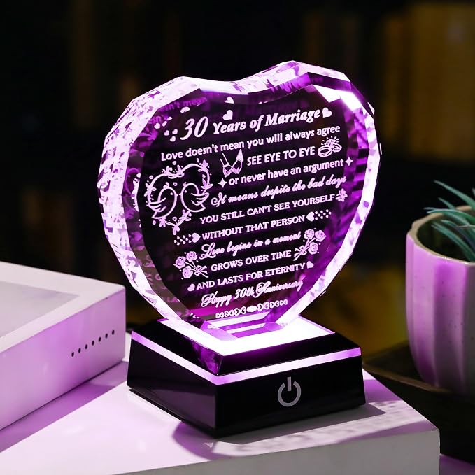 Arikyrist 30th Wedding Anniversary Crystal Heart Gifts for Couples Parents, Laser Engraved 30 Year Anniversary Crystal Keepsake Gifts for Wife Husband, Romantic 30 Years of Marriage Gift for Her Him