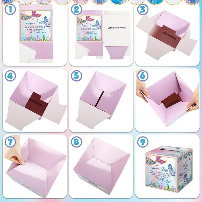 Teling 51 Pieces Diaper Raffle Tickets with Card Box Baby Shower Decorations Baby Shower Holder Box for Girl Boy Diaper Raffle Party(Mermaid)