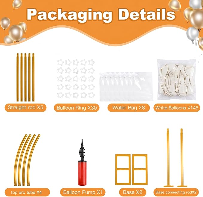 Balloon Arch Stand Kit Set with 145PCS Different Sizes White Balloons – Metal Backdrop Frame with 8 Water Bags, Gold Semi-Open Arch for Birthday, Bridal Shower, Party Decorations Indoor Outdoor.
