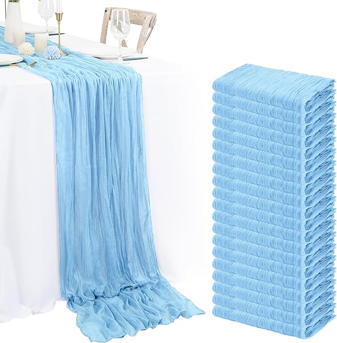 20 Pack Light Blue Cheesecloth Table Runner 120 Inch 10FT Rustic Boho Gauze Cheese Cloth Table Runner for Wedding Party Baby Shower Thanksgiving Christmas Decoration