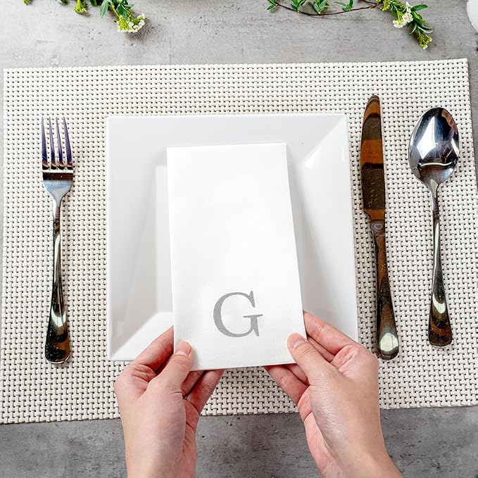 Luxenap 15.8 X 7.9 Inch Linen-Feel Guest Towels, 50 Lettered Hand Towels - Silver Letter 'G', Sans Serif Font, White Paper Dinner Napkins, airlaid, For Restrooms And Tables - Restaurantware