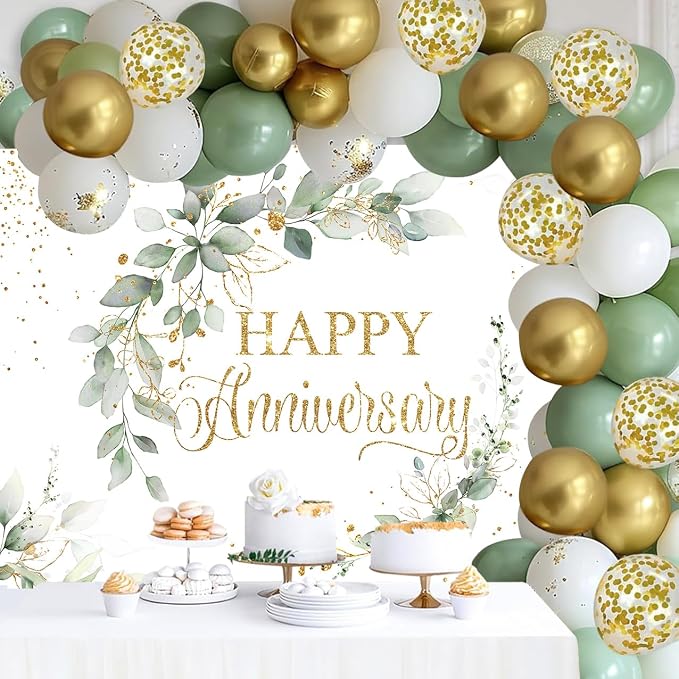 InMemory Sage Green Happy Anniversary Banner, Greenery Wedding Anniversary Backdrop, Couple Cheers to Marriage Background, Eucalyptus Leaves Memorial Party Decorations 7x5ft