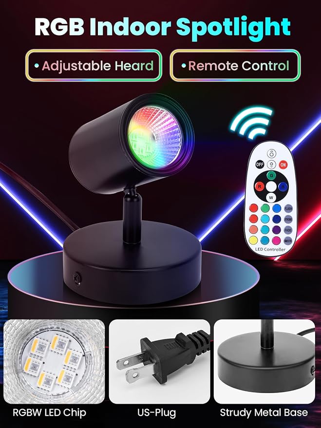 10W LED Spot Lights Indoor RGB Color Changing Uplighting with Remote, 120V Christmas Spotlight Plant Accent Light with Switch for Halloween Party Decoration, 5FT Code, 1 Pack